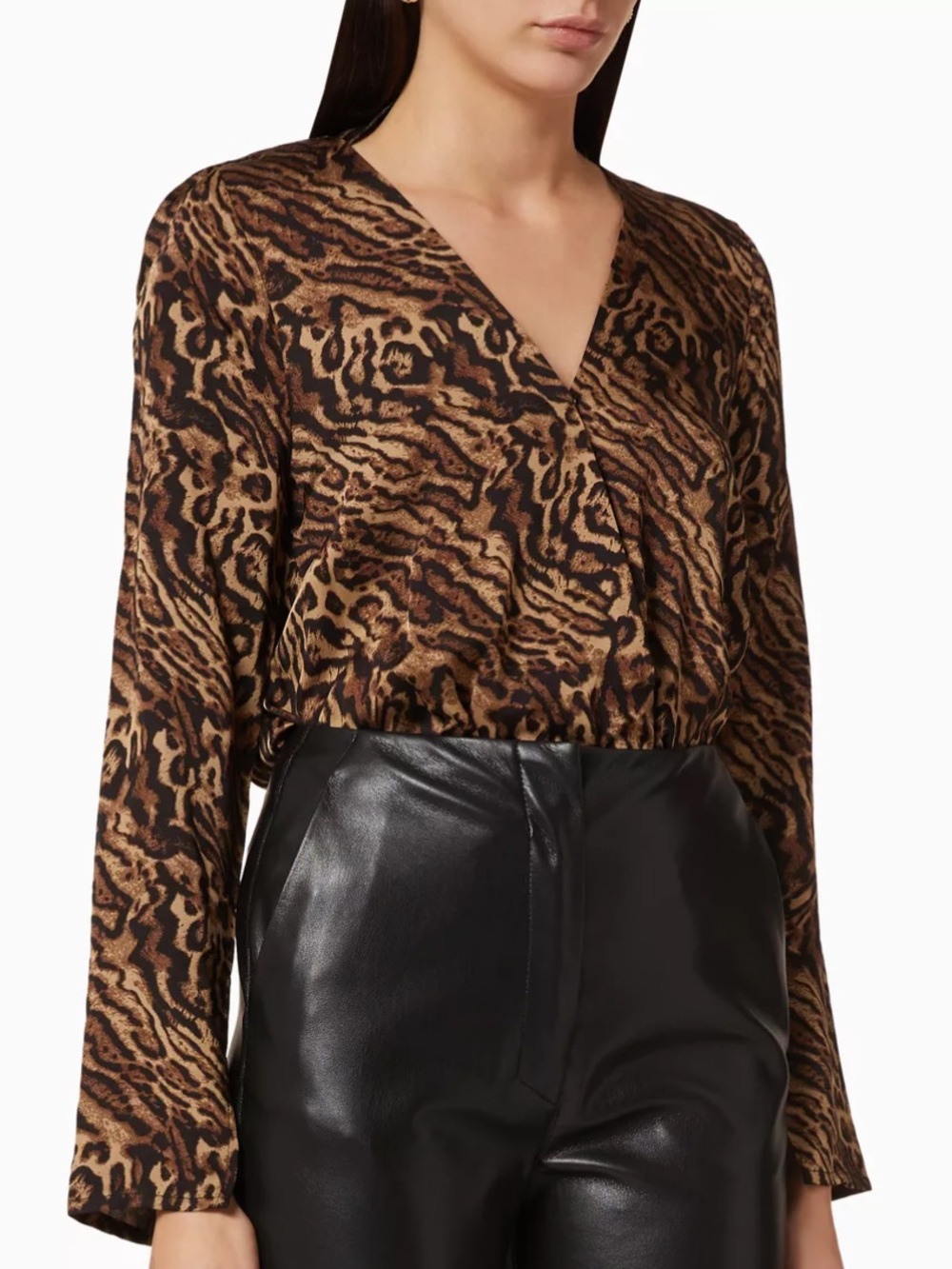 Good American Bodysuit Faux Wrap Blouse Jaguar Print NWT Sz 0 Brown Animal Print